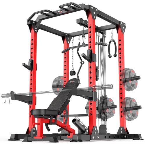 Power Rack Power Cage Multi-Function Squat Rack with Cable Crossover System Selectable More Training Attachment Power Rack for Garage & Home Gym - color: Red, size: B Set L01 Power Cage+Weight Bench