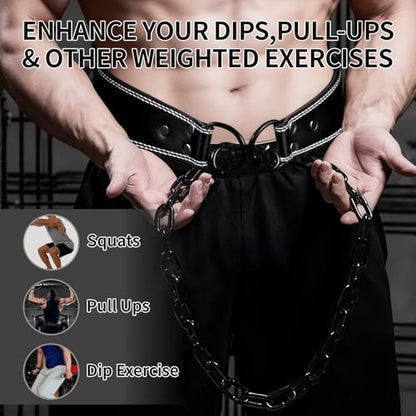 Heavy-Duty Leather Weightlifting Dip Belt with Steel Chain—Weightlifting, Squats, Deadlifts, Weighted pull-ups, Push-ups and Progressive Resistance Training - color: Black