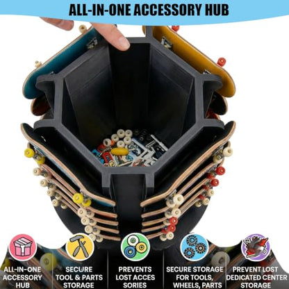 Fingerboard Display Rack Holder,360° Rotating,Pro Finger Skateboard Organizer for 20 Decks and Accessories,with Center Storage,Desktop Storage Tower for Fingerboard and Mini Collectibles,Heavy Duty