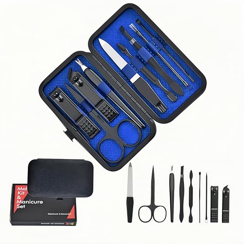 Manicure Set with Travel Case, Stainless Steel Nail Care Kit, 9-Piece Grooming Tools (Blue) - color: Blue