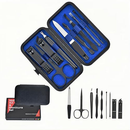 Manicure Set with Travel Case, Stainless Steel Nail Care Kit, 9-Piece Grooming Tools (Blue) - color: Blue