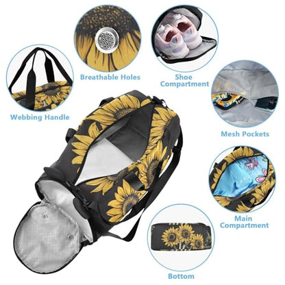 Kids Sports Duffel Bag for Boys & Girls - Skull Hand Skeleton Sunflower 100% Polyester Gym Bag with Separate Shoe Compartment, Adjustable Shoulder Strap, Compact Travel & Workout Gear - color: Skull Hand Skeleton Sunflower