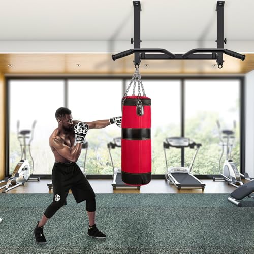 SELEWARE Heavy Duty Welded Pull Up Bar Wall/Joist/Ceiling Mount Chin Up Bar | Multifunctional Pull-up Bars w/Resistance Band Hooks for Home Gym Strength Training, Sturdy Steel Construction Support 500 lb - color: F1: Black 24" Ceiling Mount Pull Up Bar