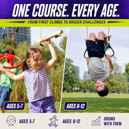 Trailblaze Ninja Warrior Obstacle Course for Kids - Ultimate Outdoor Fun 2x55 Ft Ninja Slackline Climbing Net Rope Ladder Trapeze Swing Monkey Bars - Durable and Safe Ninja Course for Kids Outside | 450lb Capacity Ultimate Outdoor Fun and Durable Ninja Co