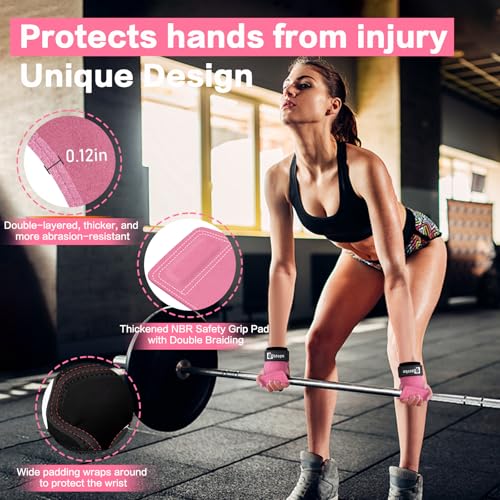 Weight Lifting Wrist Strap, Double-Layer Leather Wrist Straps for Gym Strength Training Weightlifting,Deadlift and Powerlifting, Enhance Grip Strength Neoprene Padding Gym Workout Lifting Straps Men/Women Pair - color: Pink
