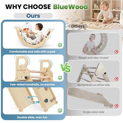 BlueWood Pikler Triangle Set with Cushion, Wooden Climbing Toys for Toddler | Foldable 9-in-1 Montessori Philosophy Toddler Climbing Toys Indoor with Reversible Ramp, Arch and Ladder - Pink - color: Pink