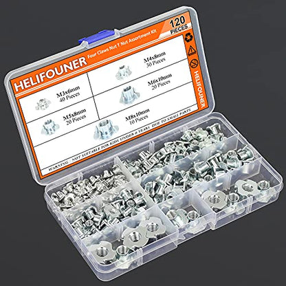 HELIFOUNER 120 Pieces M3 M4 M5 M6 M8 T Nuts Four Claw Nuts Assortment Kit for Wood, Rock Climbing Holds, Cabinetry