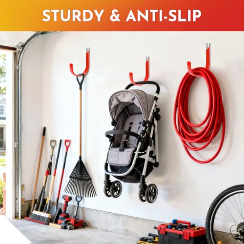 Metal Garage Hooks, Hose Holder Wall Mount for Outside, Heavy Duty Hose Hanger Hook for Water Hoses Outdoor Organizer Study Rack for Garden Hoses, 2 Pack-Red - size: Large