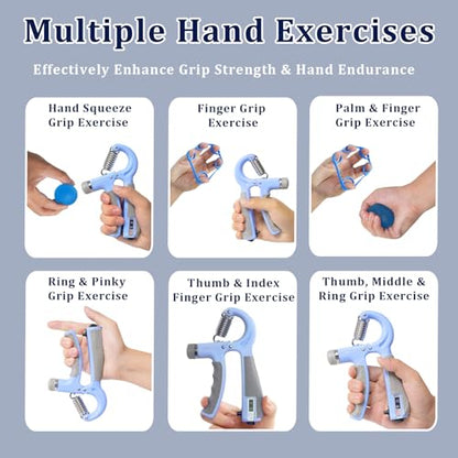 CYFIE Grip Strength Trainer Kit, Adjustable 10-132 lb, Hand Exerciser | Forearm Strengthener, Finger Stretcher, Stress Ball and Bag for Grip Recovery, Wrist Training, Rehab, Climbers and Musicians - color: Blue