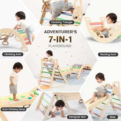 BlueWood Pikler Triangle Set with Safe Handle, Climbing Toys for 1-3 Year | Foldable 7-in-1 Montessori Toddler Climbing Toys Indoor, Wooden Pickler Climbing Set, Baby Jungle Gym & Playground, Rainbow - color: Rainbow
