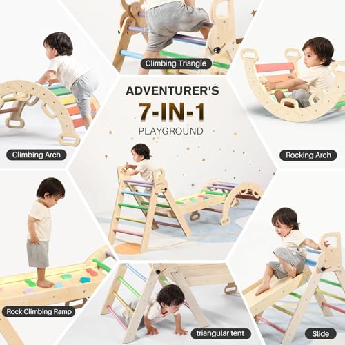 Pikler Triangle Set with Safe Handle, Climbing Toys for 1-3 Year | Foldable 7-in-1 Montessori Toddler Climbing Toys Indoor, Wooden Pickler Climbing Set, Baby Jungle Gym & Playground, Rainbow - color: Rainbow