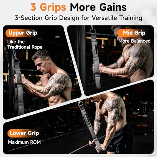 MANUEKLEAR 3 Grip Lengths in 1 Tricep Rope Cable Attachment with Ergonomic Handles, Greater ROM for Tricep Push Down Attachment Professional Gym Rope for Overhead Extension - color: Grey