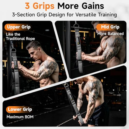 MANUEKLEAR 3 Grip Lengths in 1 Tricep Rope Cable Attachment with Ergonomic Handles, Greater ROM for Tricep Push Down Attachment Professional Gym Rope for Overhead Extension - color: Grey