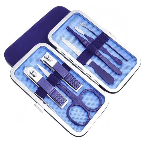 QURIPE 7pcs Manicure Set, Nail Clippers Kit, Stainless Steel Manicure Kit, Nail Clipping Tools Portable Travel Grooming Kit, The Best Gift with Luxurious Case (Blue) - color: Blue