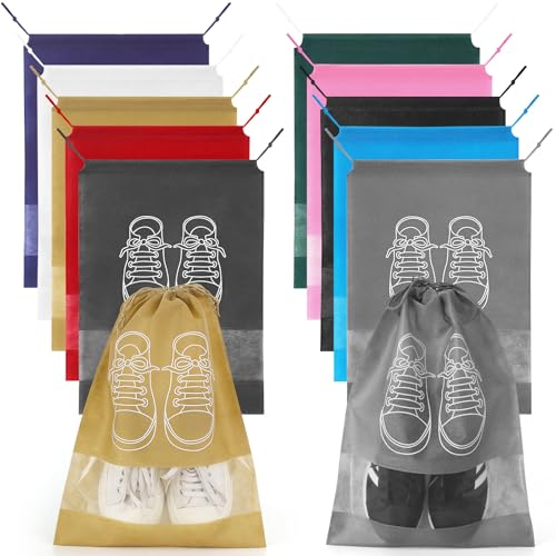 10 Pcs Portable Travel Shoe Bags, 17.3 x 12.6 Inches Waterproof Non-Woven Shoe Organizers Storage Bags, Large Drawstring Shoes Pouch Packing Organizers with Rope for Men, Women, Children - color: Multicolor