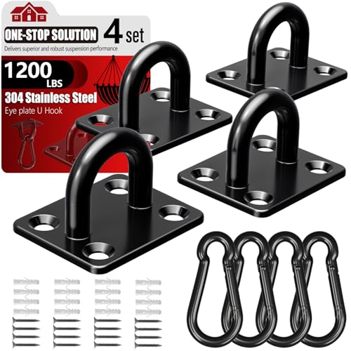 sprookber 304 Stainless Steel Pad Eye Snap Hooks, M8 Heavy Duty Ceiling Hooks, 1200 lb Capacity Hammock Swing Hanging kit, Plant Hangers, Marine Hardware Staple Hook Loop with Screws, Set of 8(Black) - size: 3.15 inch, style: Black Square