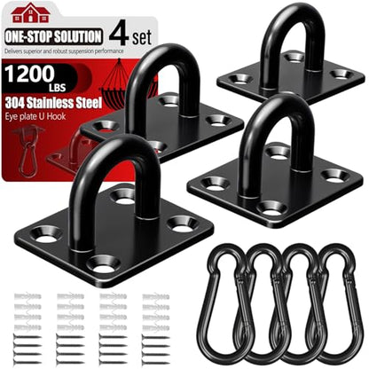 sprookber 304 Stainless Steel Pad Eye Snap Hooks, M8 Heavy Duty Ceiling Hooks, 1200 lb Capacity Hammock Swing Hanging kit, Plant Hangers, Marine Hardware Staple Hook Loop with Screws, Set of 8(Black) - size: 3.15 inch, style: Black Square