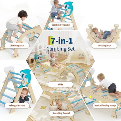 OUTLANE Pikler Triangle Set, 7-in-1 Foldable Wooden Toddler Climbing Toys Indoor, Jungle Gym for Toddlers, Large Montessori Climbing Set with Reversible Slide, Arch Ramp, Ladder & Cushion (Blue) - color: Blue