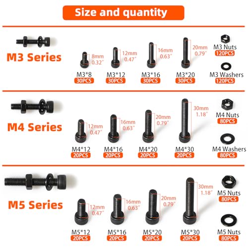 Metric Socket Head Cap Screws & Bolts Assortment Kit, M3 M4 M5 Machine Screws Nuts & Washers Set, 840PCS Grade12.9 Alloy Steel Kit