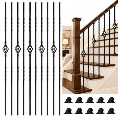 10 Pack 44 Inch Double Twist Iron Balusters with Swivel Shoes | Hollow 1/2 inch wrought iron balusters with double twist baskets and swivel shoes for angled or flat indoor stairs.