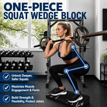 1000 lb Capacity Squat Wedge Block 15° for Squats. Non Slip Heel&One Piece | Heel elevated squat block non slip slant board for calf stretching. knee over toes weight lifting Home Gym Accessory