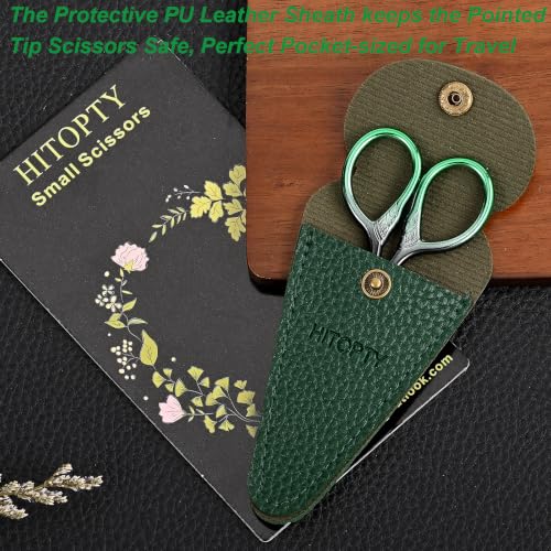 Small Sharp Scissors for Women Men Eyebrow Hair Beauty Grooming | All Purpose Tiny Travel Kit, for Beard, Moustache, Eyelash, Sewing, Embroidery, Detail Thread Paper Cutting with PU Cover - color: Dark Green