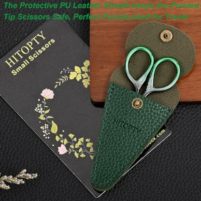 Small Sharp Scissors for Women Men Eyebrow Hair Beauty Grooming | All Purpose Tiny Travel Kit, for Beard, Moustache, Eyelash, Sewing, Embroidery, Detail Thread Paper Cutting with PU Cover - color: Dark Green
