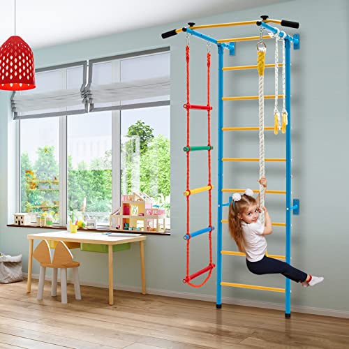 Costzon 5 in 1 Climbing Toys for Toddlers, Indoor Kids Gym for Exercise, Steel Ladder Wall Set with Wall Ladder, Pull-up Bar, Rope, Gymnastic Rings, Solid Wall Set up, Climber Ladder Boys Girls Gift - style: 5-in-1 Climbing Toys