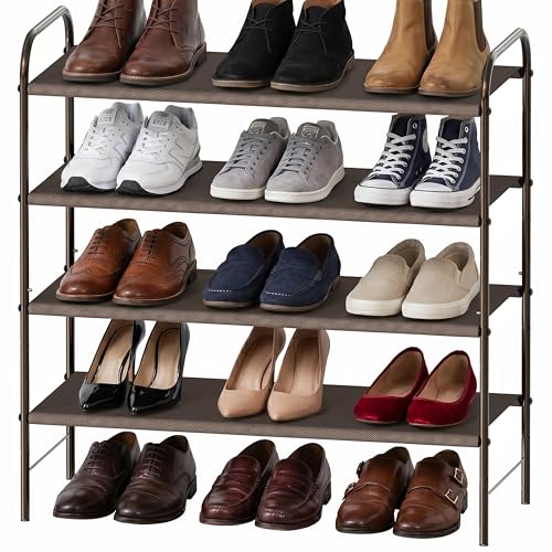 Simple Houseware 4-Tier Shoe Rack Storage Organizer, 12-20 Pair, Bronze | Space-Saving Shoe Shelf with Sturdy Metal Frame and Non-Woven Fabric Shelves for Entryway, Garage & Corridor - color: Bronze, size: 4-Tier
