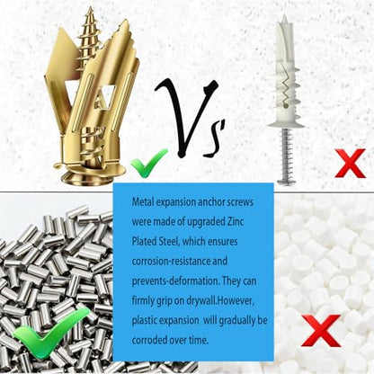 120pcs Self Drilling Drywall Anchors with Screws, Metal Expansion Bolt for Drywall,Zinc-Plated Steel,Heavy Duty-Holds 66lbs, Not Drill in wall for Hanging,Picture Frame,TV Mount,wall Stickers Decor.