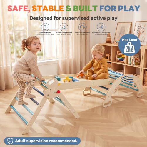 Pikler Triangle Set, 9-in-1 Foldable Montessori Climbing Toys for Toddlers, Wooden Indoor Playground with Climbing Arch, Reversible Ramp, Ladder, Toy Cars and Blocks, Blue - color: Blue