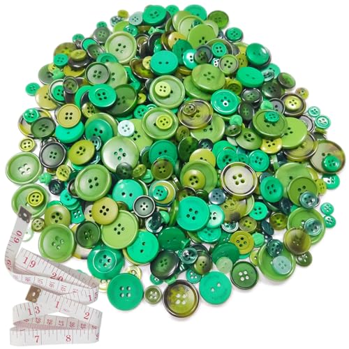 500-700 PCS Various Size Buttons for Crafts Various Shapes & Colors Sewing Craft Handmade Button Painting DIY Ornament with 60" Long Soft Ruler - color: green