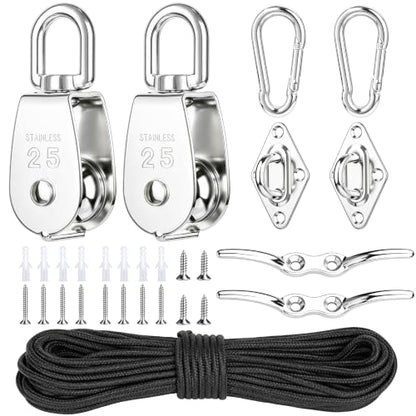 M25 Stainless Steel Pulley System Kit,Pulley Block with Nylon Rope | 2 Pack M25 Heavy Duty Pulleys Wheel with Rope Cleat, Eye Pad Plate and Hooks for Sun Shade Sail, Clothesline | 2 Pack M25 Heavy Duty Pulleys Wheel with Rope Cleat, Eye Pad Plate and Hook