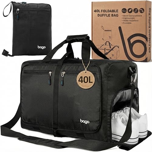 Bago Medium Duffle Bag for Travel Women & Men. Durable Lightweight Foldable Travel Duffel Bags For Traveling Women. 40L Duffle Bags a Reliable Weekender duffel or Overnight Bag With Shoe Compartment - color: All Black, size: 40L