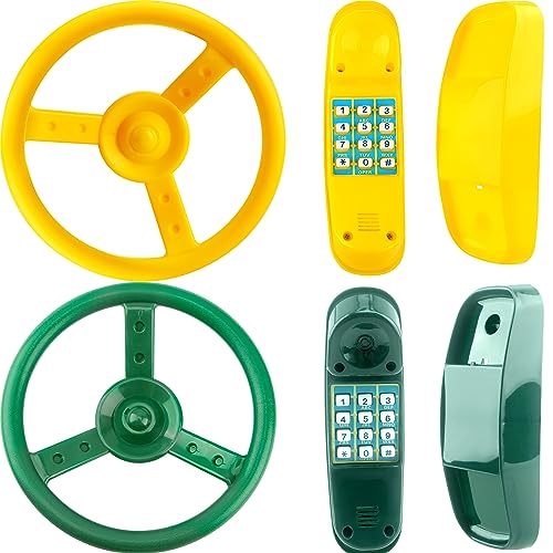 4 Pack Playground Accessories for Kids Outdoor Playground Steering Wheel Priate Ship Wheel Plastic Telephone Phone Toy Swing Set for Playground Backyard Playhouse Tree House (Green,Yellow) - color: Green,yellow