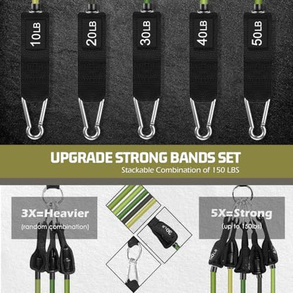 VEICK 10-150LBS Resistance Bands with Handles, Ankle Straps, Door Anchor | Accredited Lab Certified, 100% Natural Latex, Versatile for Yoga, Pilates, Strength, Home Gym - color: Army Green, style: 10-150LBS