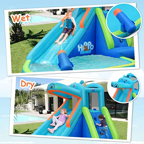 OLAKIDS Inflatable Water Slide, Hippo Themed Bounce House Water Park with Slide Splash Pool Climbing Wall Water Gun, Outdoor Inflatable Obstacle Course Jumping Castle for Kids Backyard - style: without Blower