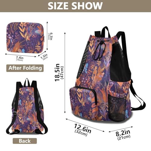 Drawstring Bags Climbing Gym Bag With Water Bottle Pocket String Bag For School Waterproof Colorful Leaves Pattern Print Art