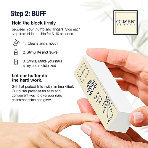 Onsen Secret Complete Nail Reboot Kit w/Cuticle Oil 10ml, Nail File 120/180 Grit Double Sided, A 3-Way Buffer Block & Cuticle Serum-15ml in Action | Super Value Pack - size: Complete Nail Reboot Kit