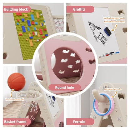 UNICOO Children’s 7 in 1 Multi-Functional Climbing Pyramid Set with Slide, Kids Climbing and Sliding Set for Home, Daycare (KU-C04-Pink) - color: Pink