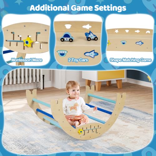 Costzon Pikler Triangle Set, 9-in-1 Foldable Baby Climbing Toys, Wood Montessori Climbing Set for Learning and Motor Skills, Indoor Playground Jungle Gym for Toddlers 3+ Climber Gifts (Blue) - style: 9 in 1 Arch Climber Ladder, Blue