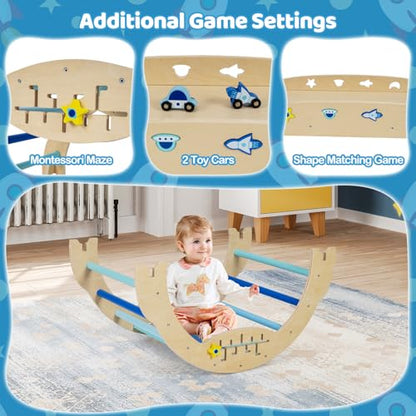 Costzon Pikler Triangle Set, 9-in-1 Foldable Baby Climbing Toys, Wood Montessori Climbing Set for Learning and Motor Skills, Indoor Playground Jungle Gym for Toddlers 3+ Climber Gifts (Blue) - style: 9 in 1 Arch Climber Ladder, Blue