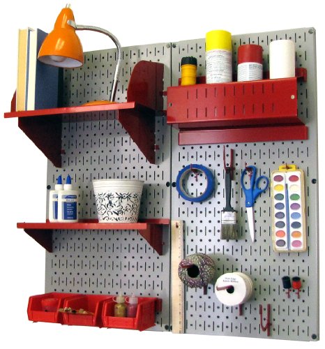 Wall Control Craft & Hobby Pegboard Organizer Storage Kit with Gray Pegboard and Red Accessories - color: Gray Pegboard Red Accessories