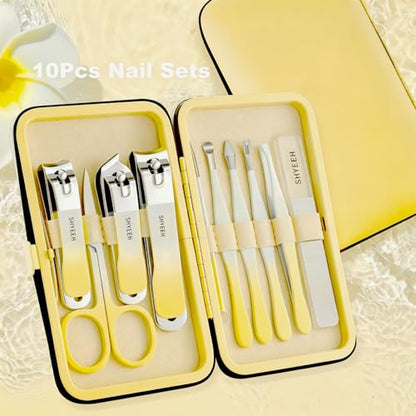 Manicure Set, 10 pcs High-Carbon Steel Nail Clippers Set, Portable Mini Manicure and Pedicure Kit, Travel Grooming Nail Kit with Leather Bag for Men and Women - color: Yellow