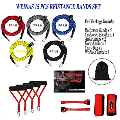 Resistance Bands, 15 Pieces Exercise Elastic Bands Set, 20lbs to 40lbs Resistance Tubes with Heavy Duty Protective Nylon Sleeves Anti-Snap for Fitness SUPALAK