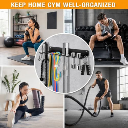 Tebery 9 Hook Home Gym Storage Rack Wall Mount, Fitness Equipment Organizer, Metal Gym Accessory Hanger for Exercise Bands, Jump Ropes, Barbells, Lifting Belts