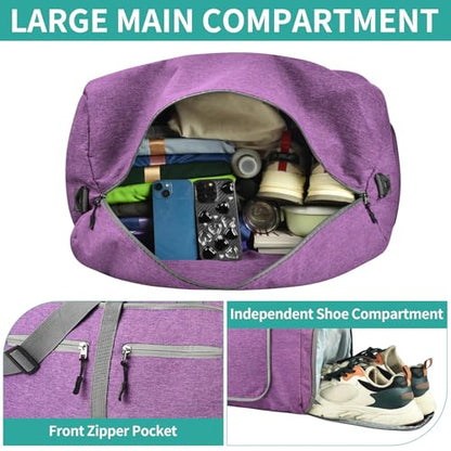 Dimayar 65L Foldable Duffle Bag, Travel & Weekender, Overnight, Gym | Lightweight, Carry-on, Packable, Waterproof & Tear Resistant, Travel Duffel Bag with Shoes Compartment for Men Women - color: Purple, size: 65L