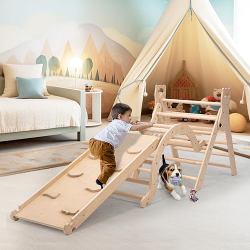 Pikler Triangle Set with Cushion, Arch and Slide, Toddler Climbing Toys Indoor Playground, Montessori Climbing Set, Indoor Jungle Gym, Wooden Pickler-3 Piece Climbing Gym for Kids 1.5-6yr