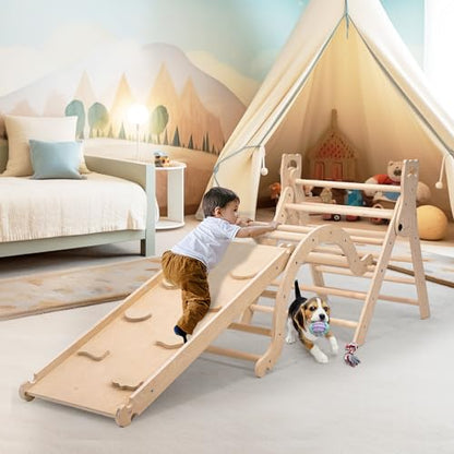 Pikler Triangle Set with Cushion, Arch and Slide, Toddler Climbing Toys Indoor Playground, Montessori Climbing Set, Indoor Jungle Gym, Wooden Pickler-3 Piece Climbing Gym for Kids 1.5-6yr