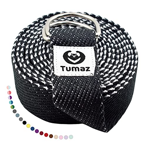 Tumaz Yoga Strap for Stretching with Adjustable D-Ring, 6/8/10 ft | Adjustable D-Ring | Soft Cotton Blend | 15+ Colors | Non-Elastic Yoga Belt for Pilates Stretching & Physical Therapy - color: 06. Black, size: 8 Feet (with Storage Band)